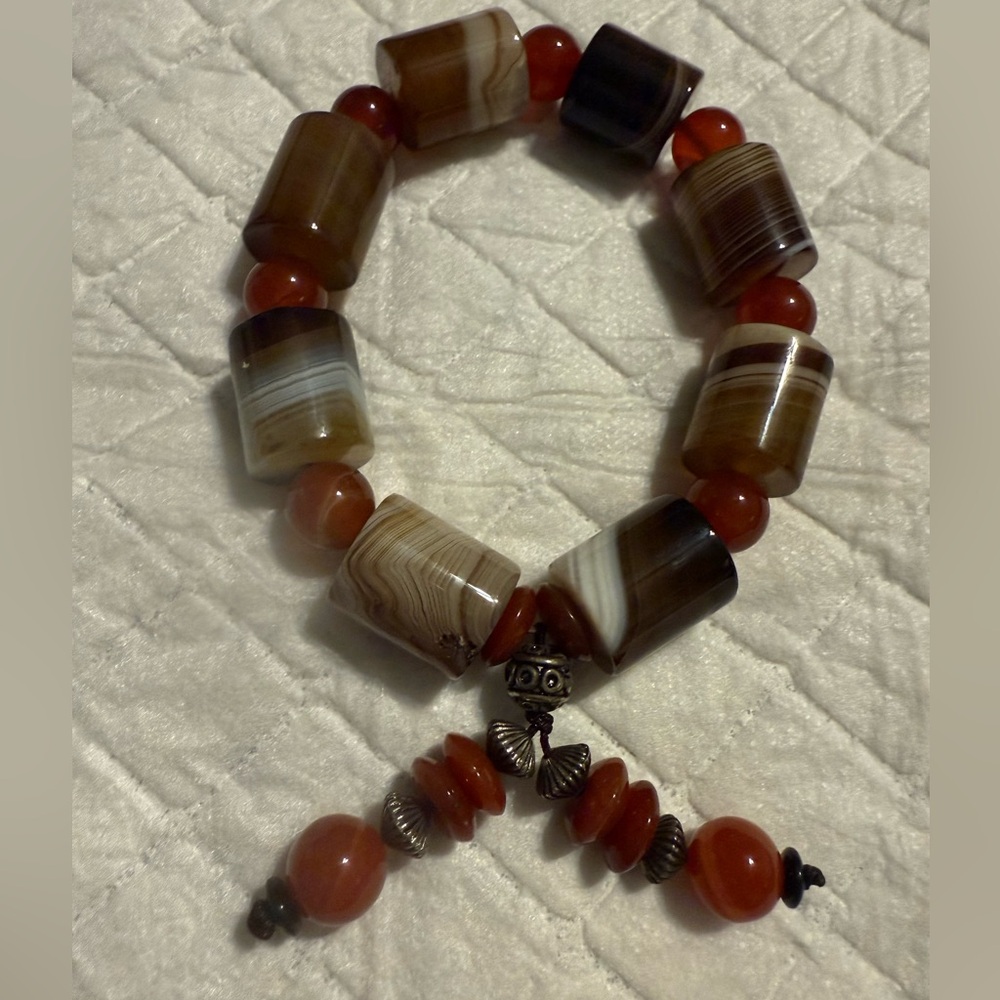 Agate and Carnelian Barrel Beaded Tassel Bracelet